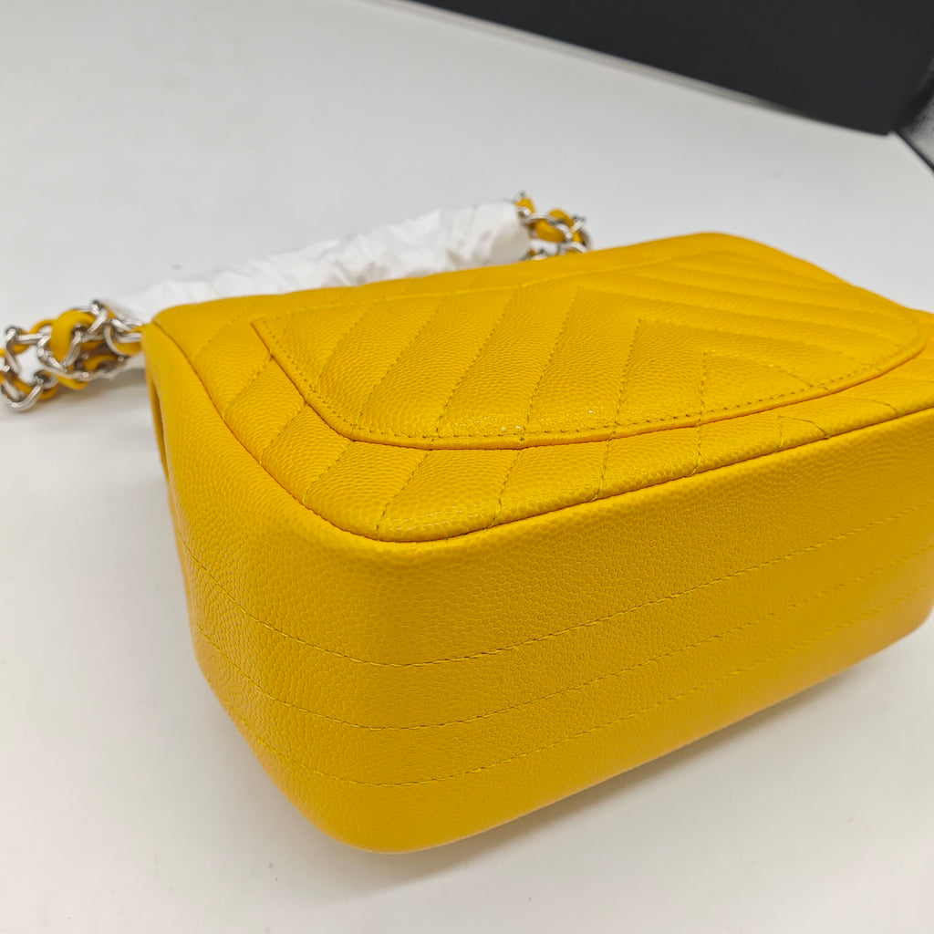Chanel Chevron Quilted Caviar Flap Bag Yellow Silver Hardware
