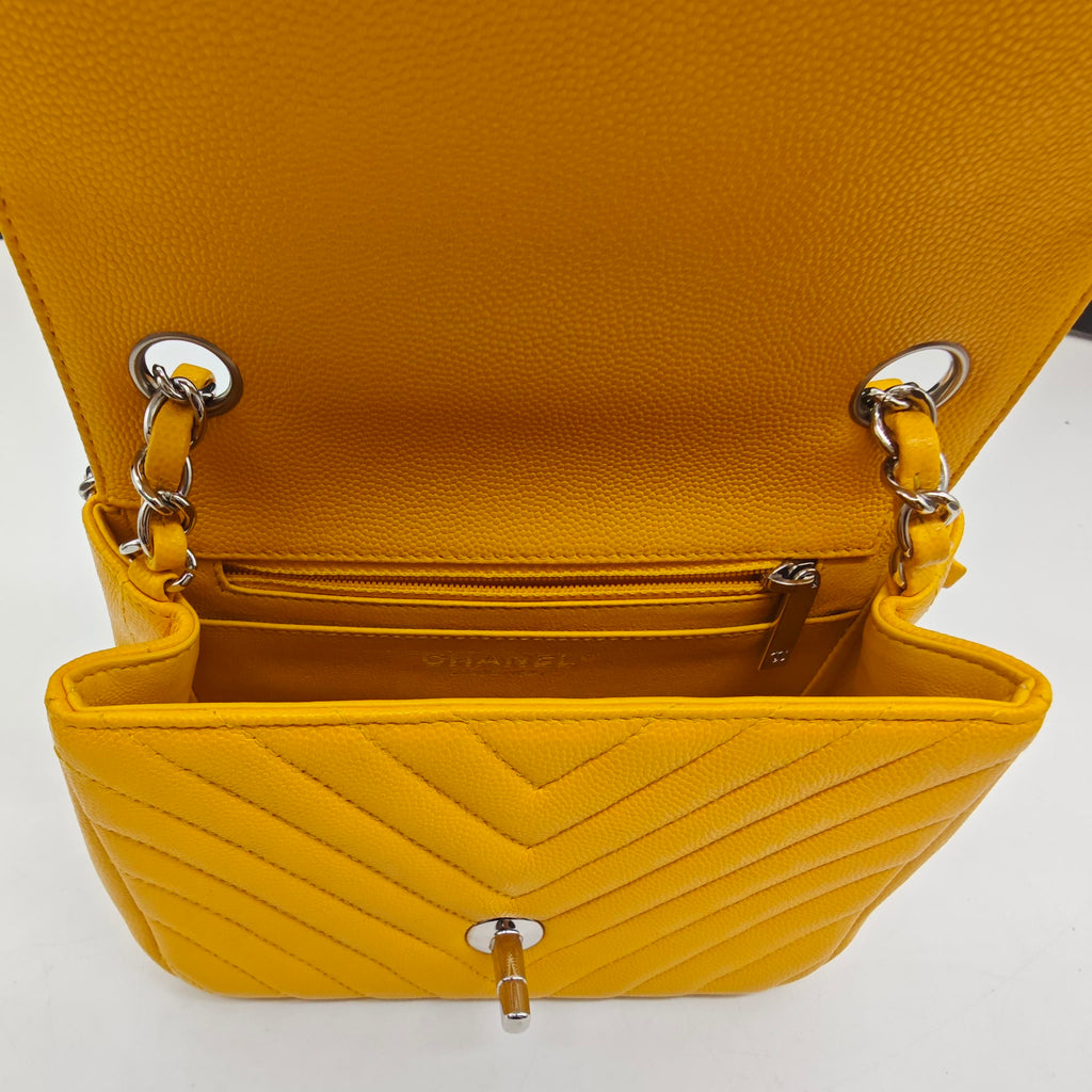 Chanel Chevron Quilted Caviar Flap Bag Yellow Silver Hardware
