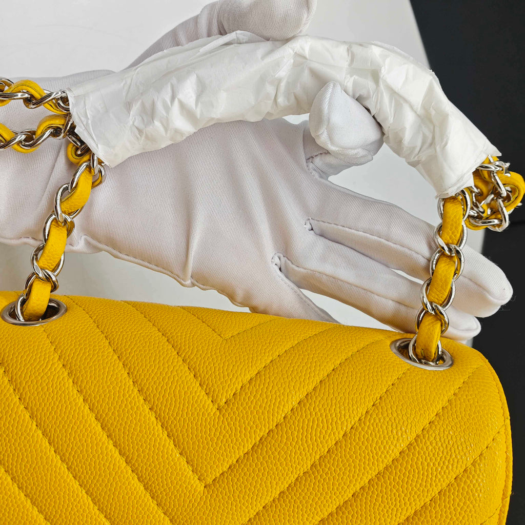 Chanel Chevron Quilted Caviar Flap Bag Yellow Silver Hardware