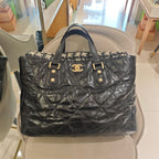 Chanel Mixed Fibers Shopping Tote Bag Black Leather Tweed Gold Hardware