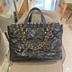 Chanel Mixed Fibers Shopping Tote Bag Black Leather Tweed Gold Hardware