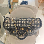 Chanel Mixed Fibers Shopping Tote Bag Black Leather Tweed Gold Hardware