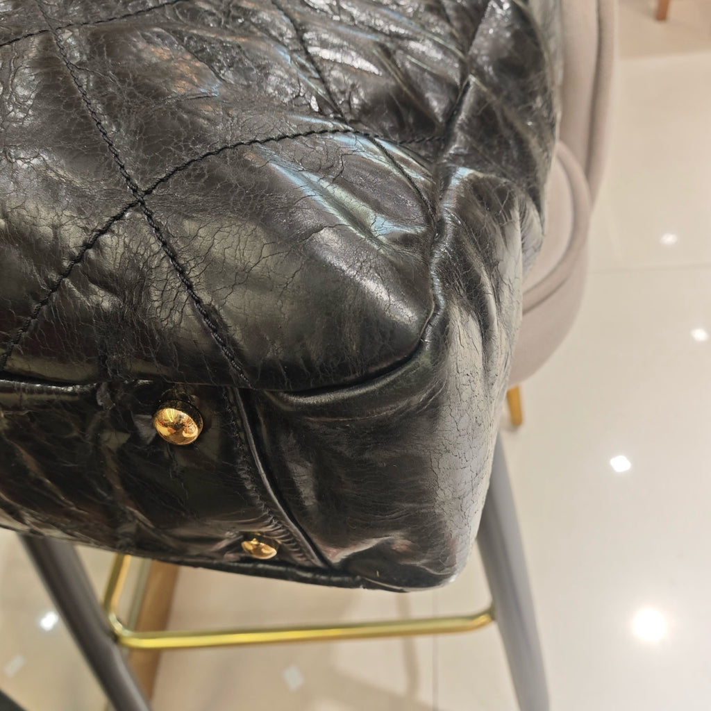 Chanel Mixed Fibers Shopping Tote Bag Black Leather Tweed Gold Hardware