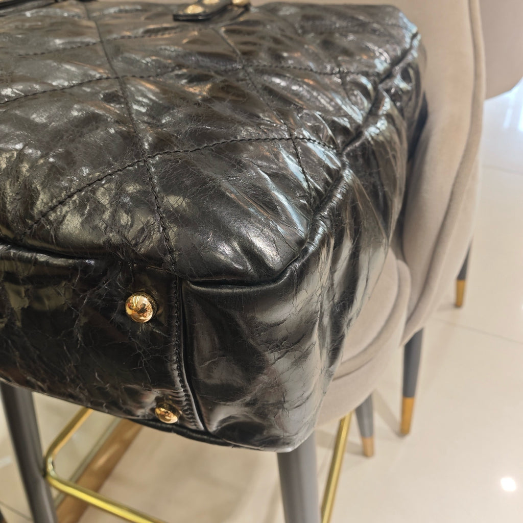 Chanel Mixed Fibers Shopping Tote Bag Black Leather Tweed Gold Hardware