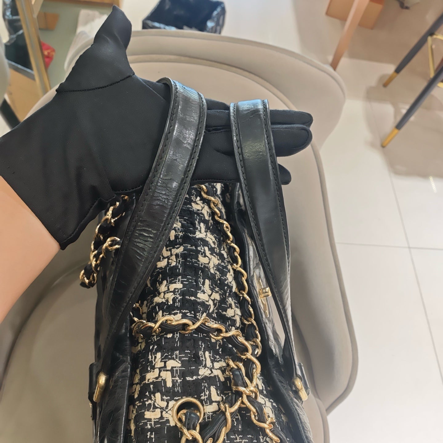 Chanel Mixed Fibers Shopping Tote Bag Black Leather Tweed Gold Hardware