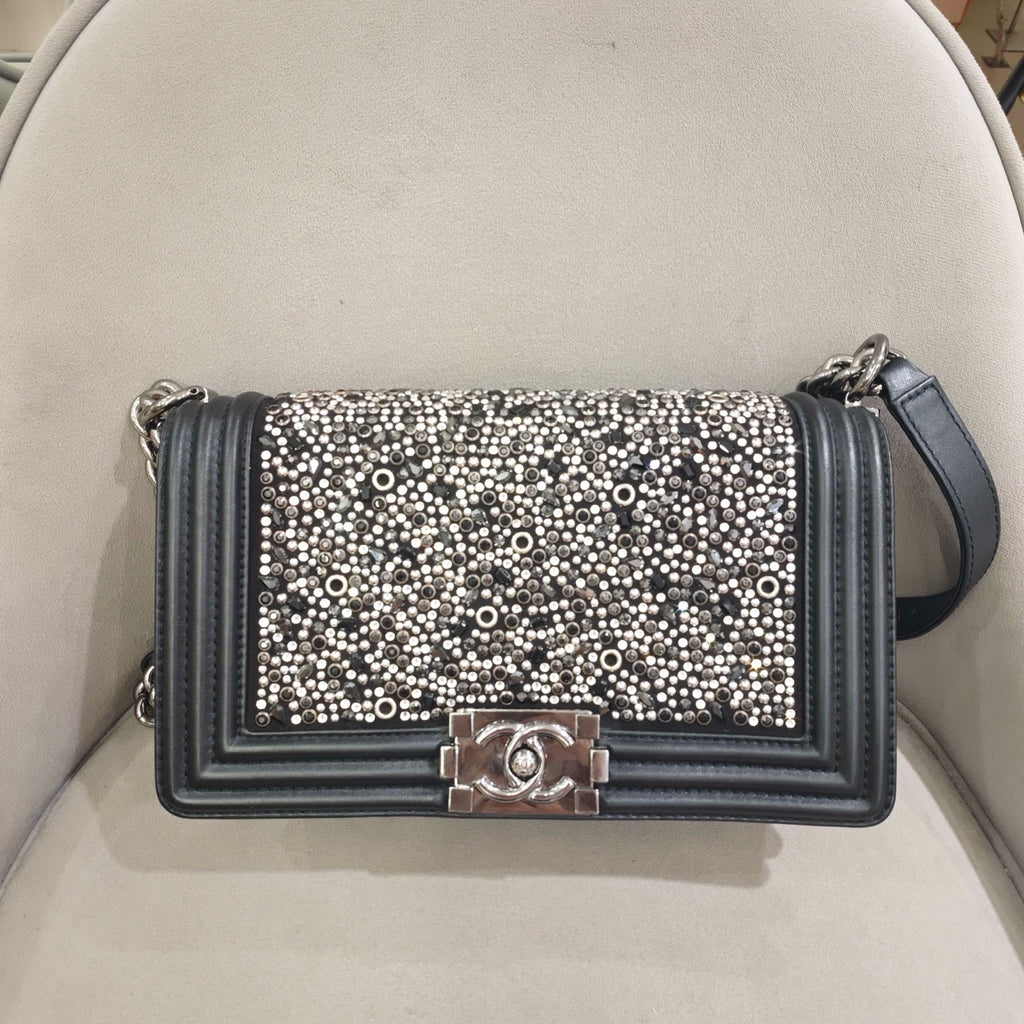 Chanel Boy Handbag Black Leather Silver Studs Crystals Silver Hardware