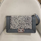 Chanel Boy Handbag Black Leather Silver Studs Crystals Silver Hardware