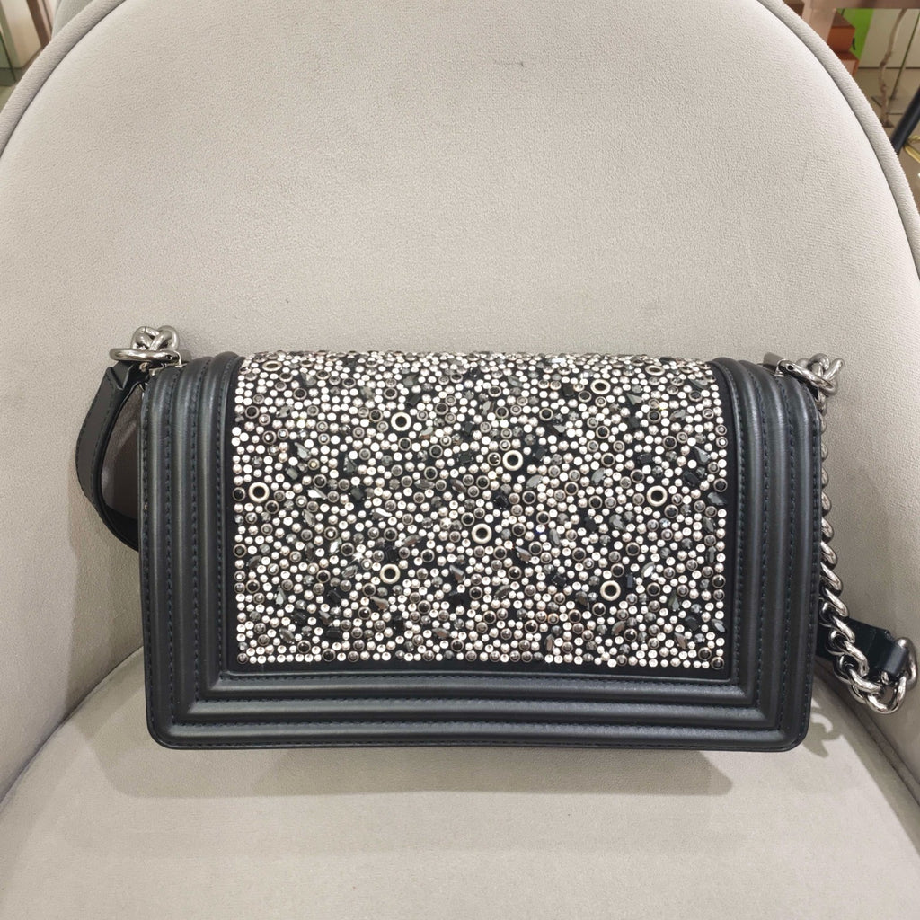 Chanel Boy Handbag Black Leather Silver Studs Crystals Silver Hardware