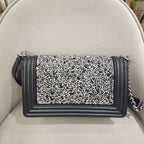 Chanel Boy Handbag Black Leather Silver Studs Crystals Silver Hardware