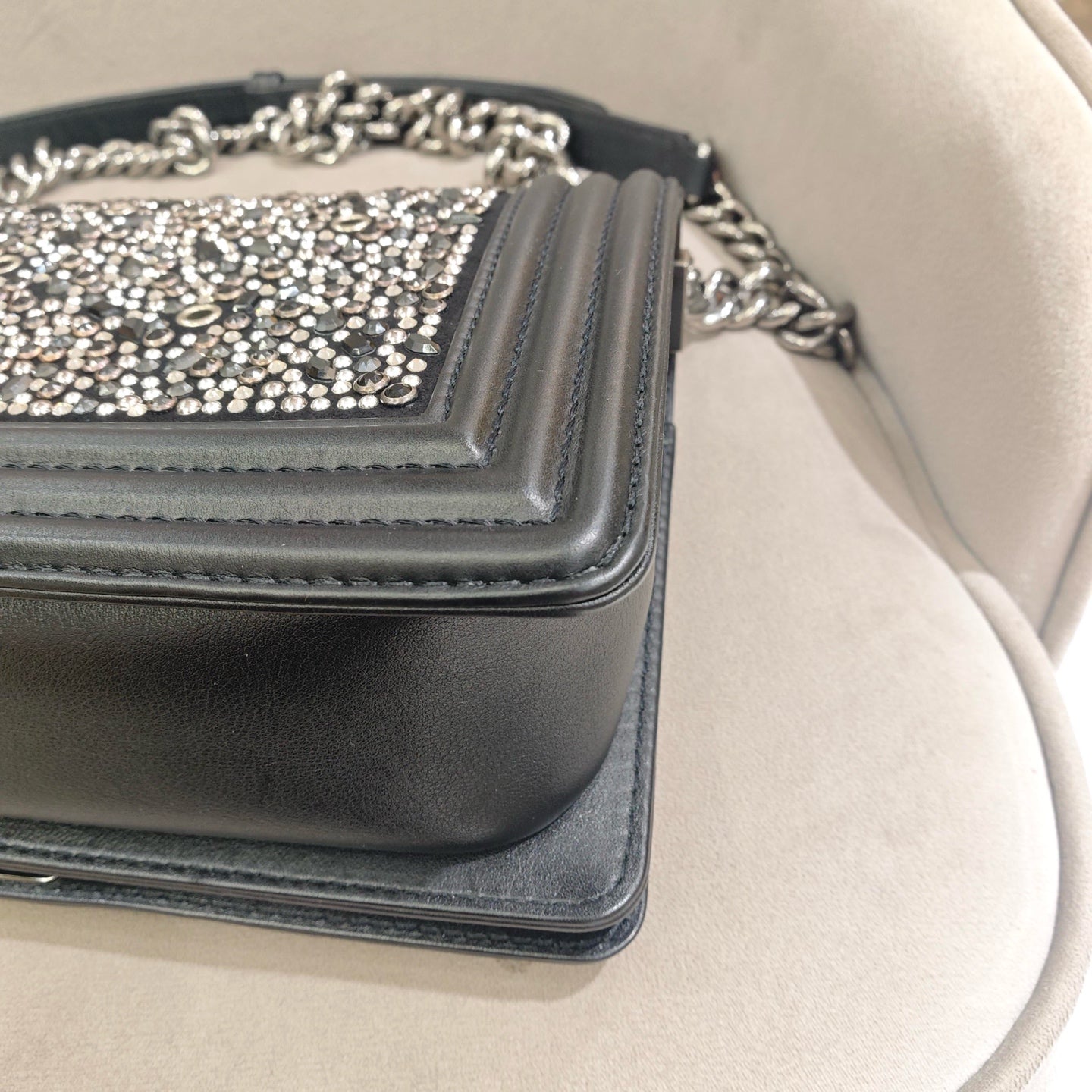 Chanel Boy Handbag Black Leather Silver Studs Crystals Silver Hardware