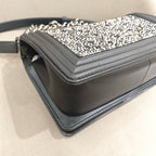 Chanel Boy Handbag Black Leather Silver Studs Crystals Silver Hardware