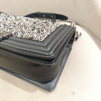 Chanel Boy Handbag Black Leather Silver Studs Crystals Silver Hardware