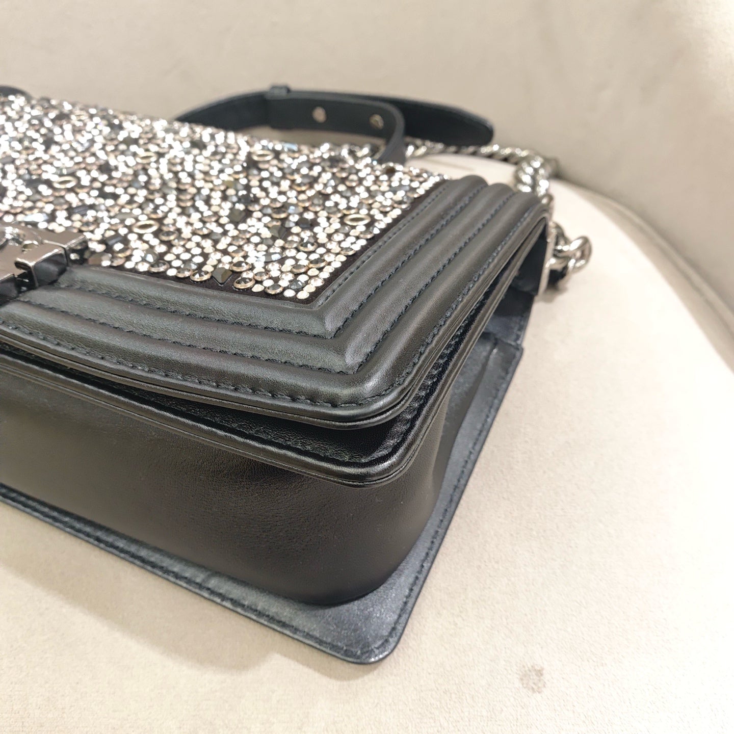 Chanel Boy Handbag Black Leather Silver Studs Crystals Silver Hardware