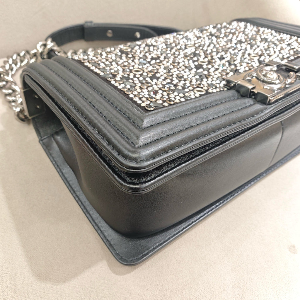Chanel Boy Handbag Black Leather Silver Studs Crystals Silver Hardware