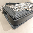 Chanel Boy Handbag Black Leather Silver Studs Crystals Silver Hardware