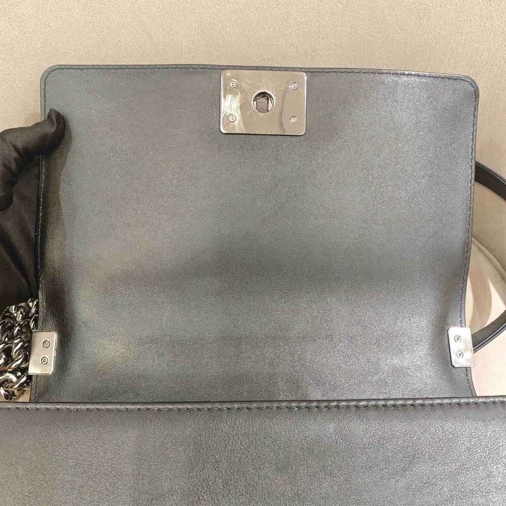 Chanel Boy Handbag Black Leather Silver Studs Crystals Silver Hardware