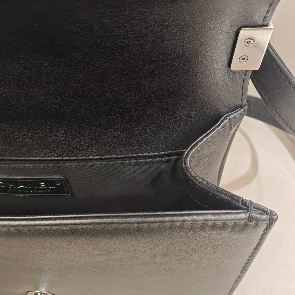 Chanel Boy Handbag Black Leather Silver Studs Crystals Silver Hardware