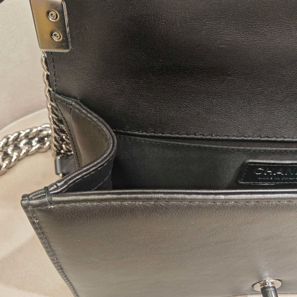 Chanel Boy Handbag Black Leather Silver Studs Crystals Silver Hardware