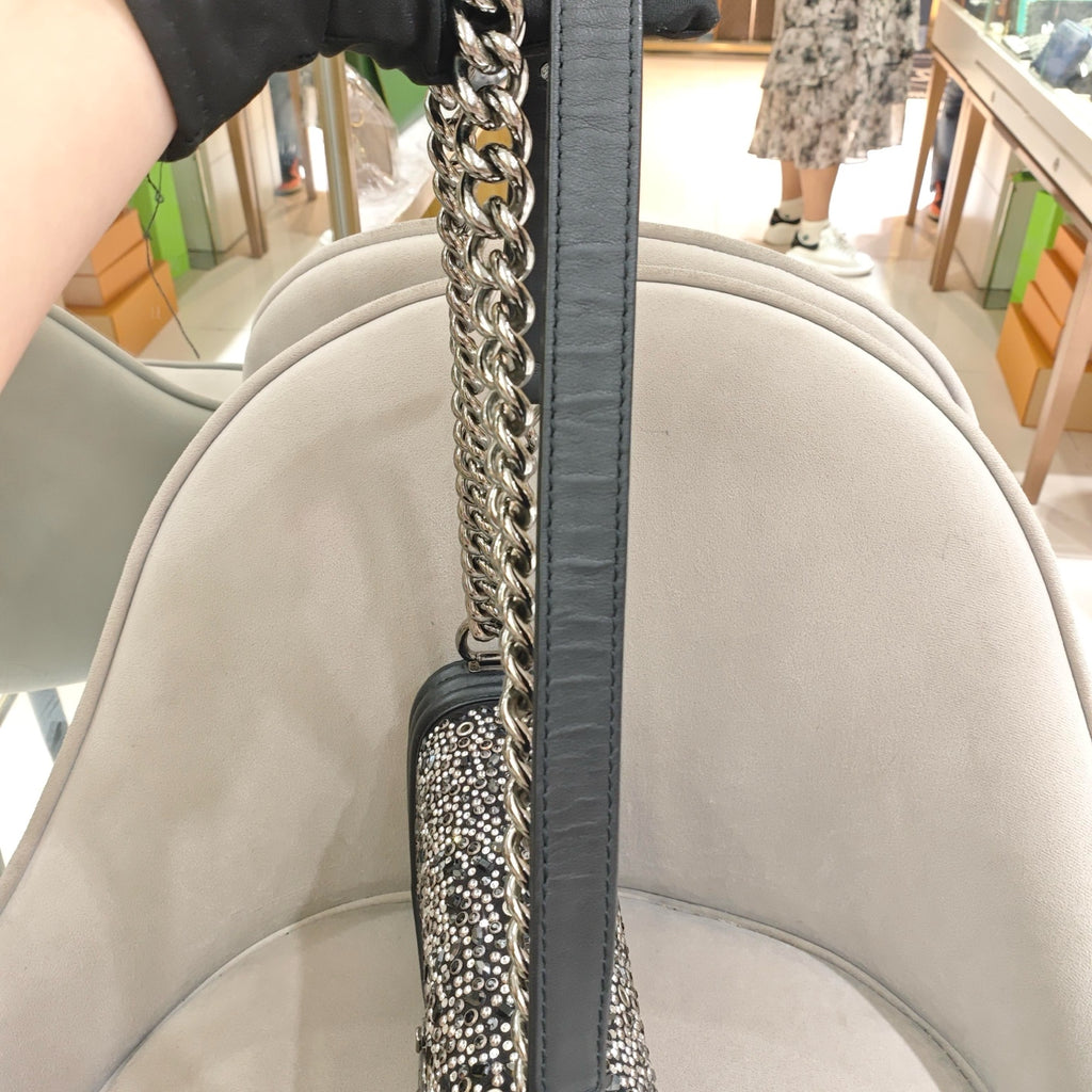Chanel Boy Handbag Black Leather Silver Studs Crystals Silver Hardware