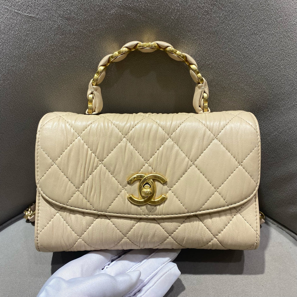 Chanel Classic Top Handle Handbag Beige Quilted Leather Gold Hardware