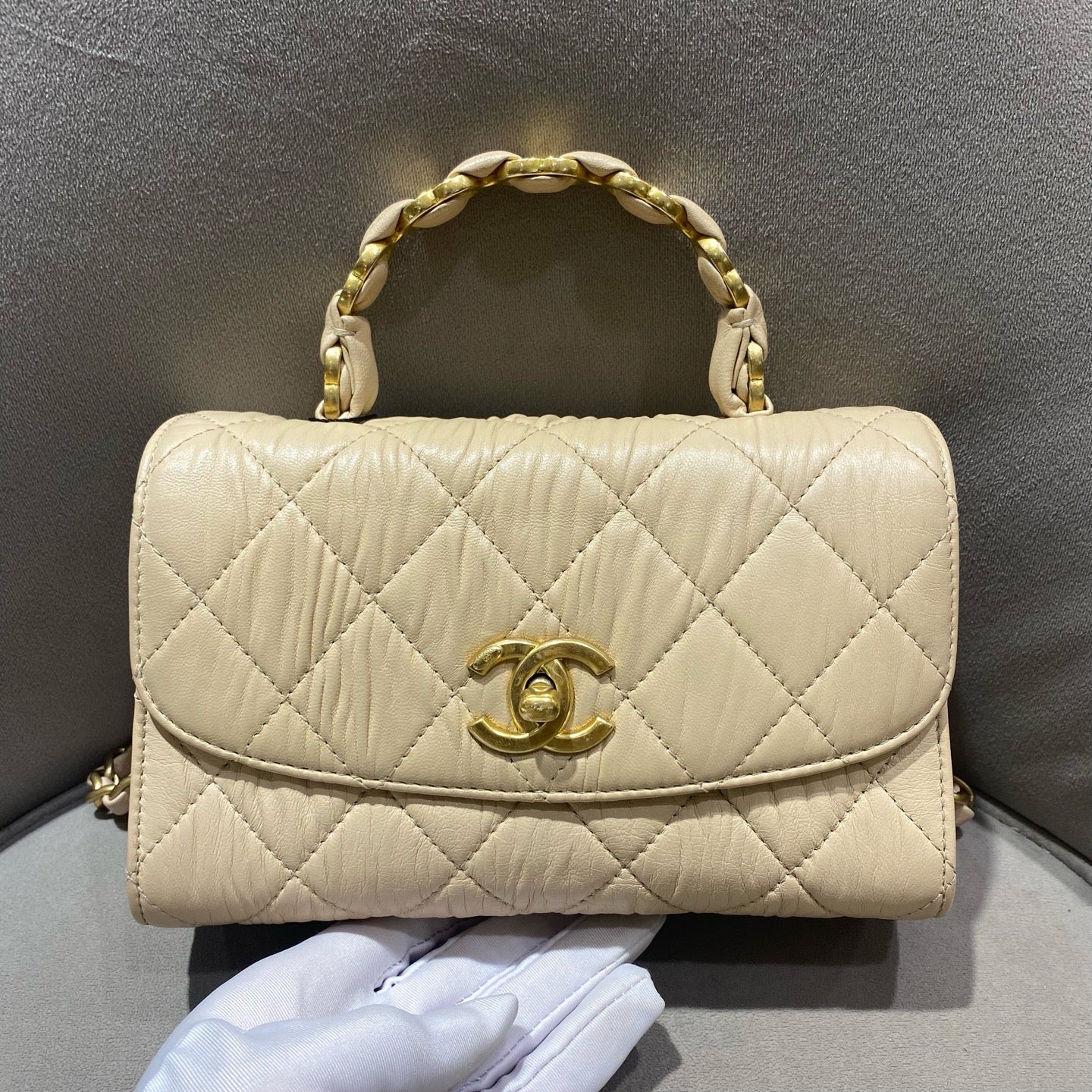 Chanel Classic Top Handle Handbag Beige Quilted Leather Gold Hardware