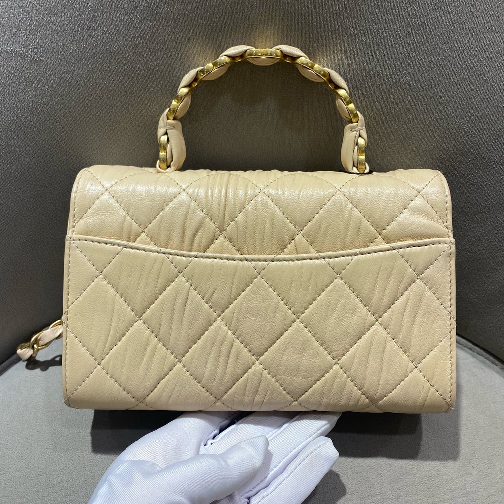 Chanel Classic Top Handle Handbag Beige Quilted Leather Gold Hardware