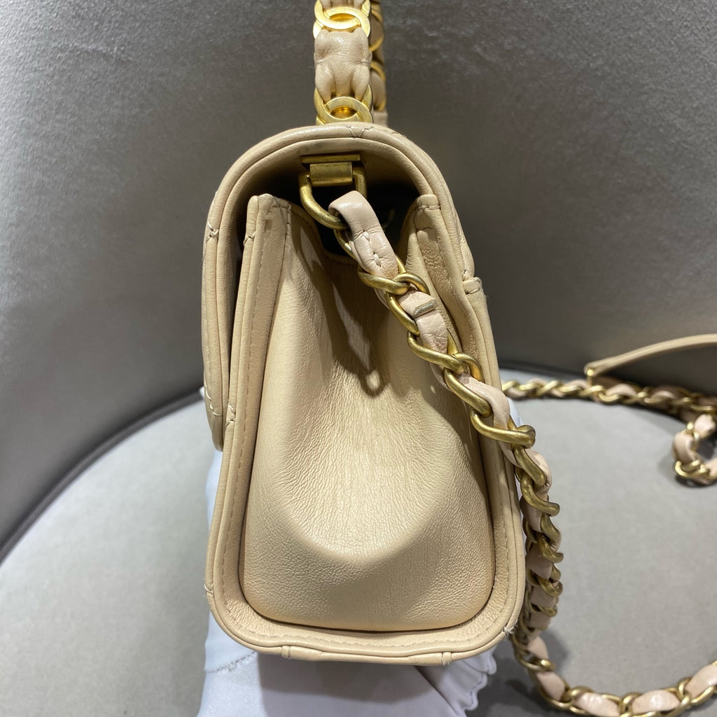 Chanel Classic Top Handle Handbag Beige Quilted Leather Gold Hardware