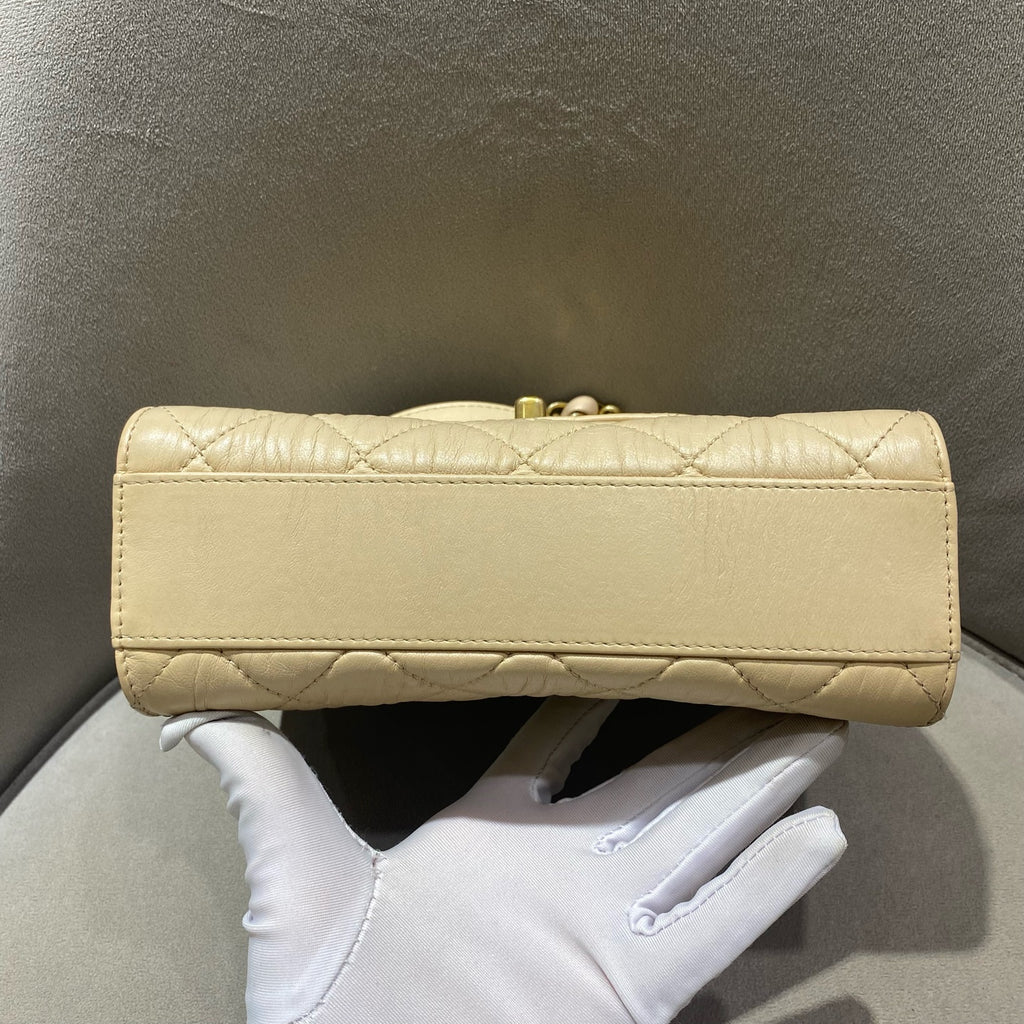 Chanel Classic Top Handle Handbag Beige Quilted Leather Gold Hardware