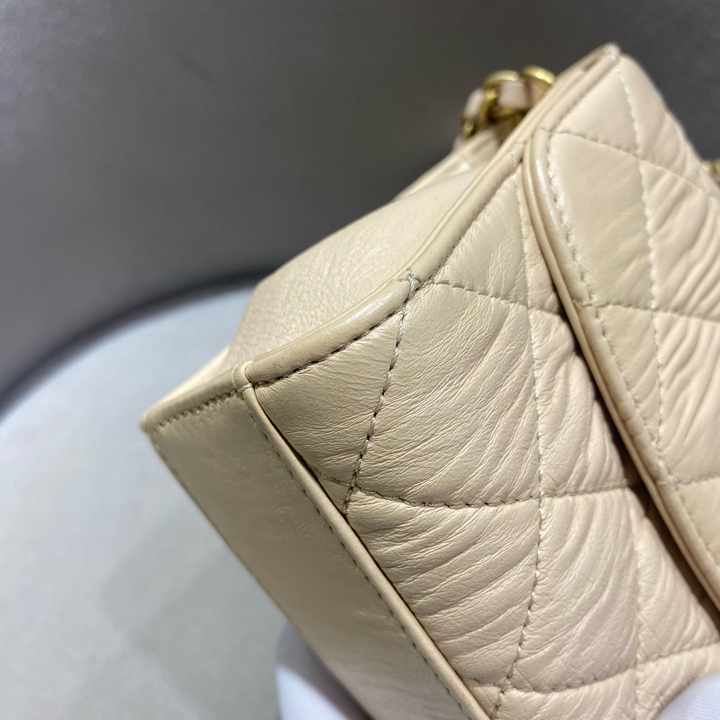 Chanel Classic Top Handle Handbag Beige Quilted Leather Gold Hardware