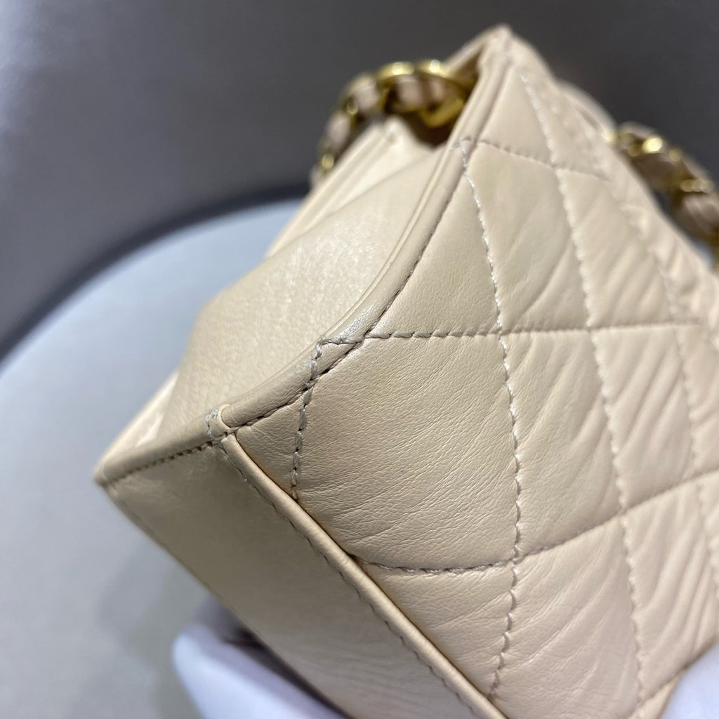 Chanel Classic Top Handle Handbag Beige Quilted Leather Gold Hardware