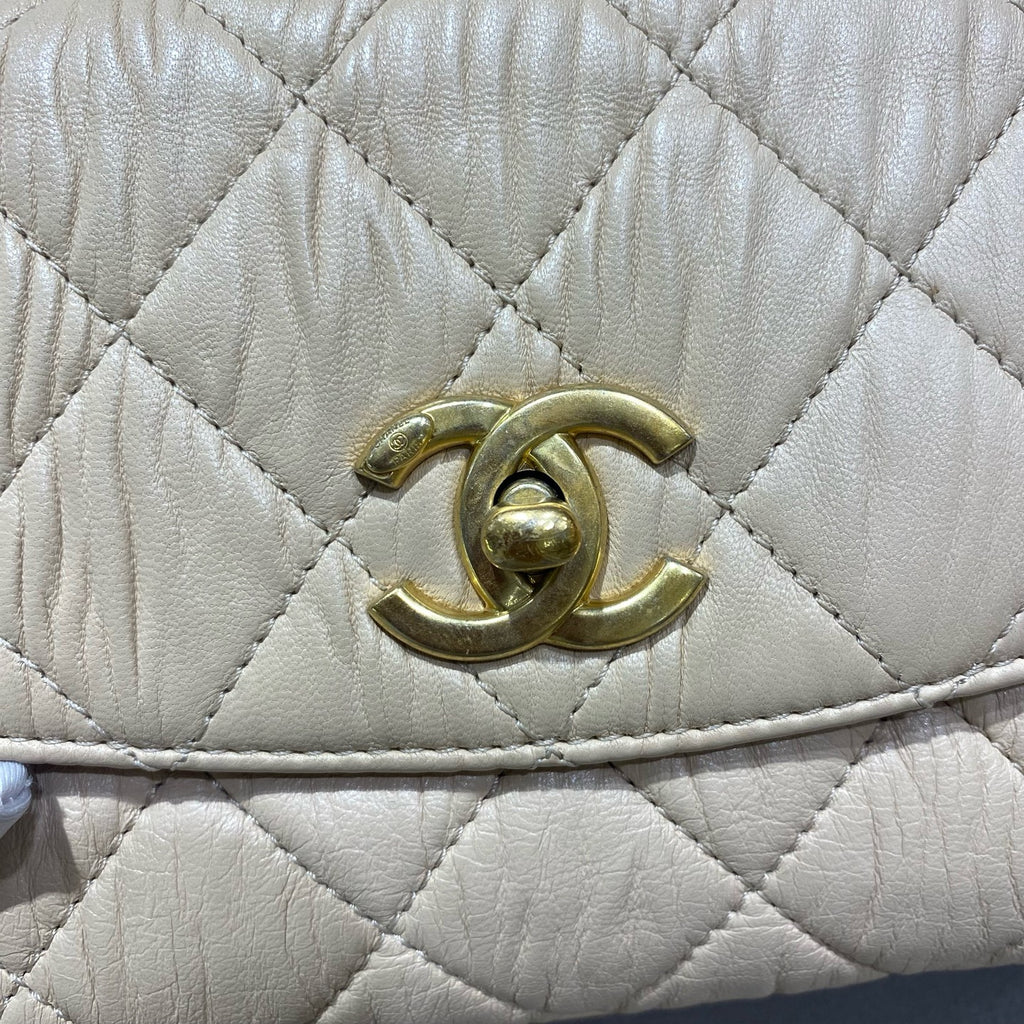 Chanel Classic Top Handle Handbag Beige Quilted Leather Gold Hardware