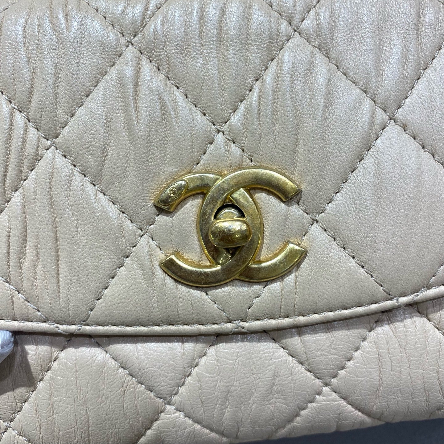 Chanel Classic Top Handle Handbag Beige Quilted Leather Gold Hardware