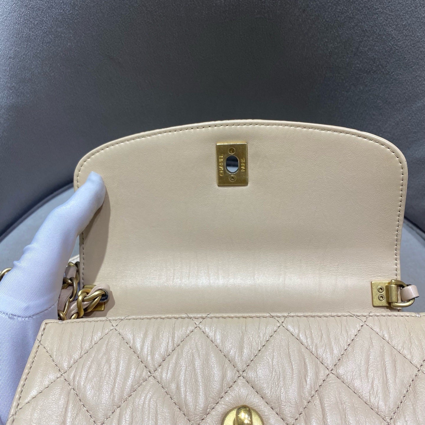 Chanel Classic Top Handle Handbag Beige Quilted Leather Gold Hardware