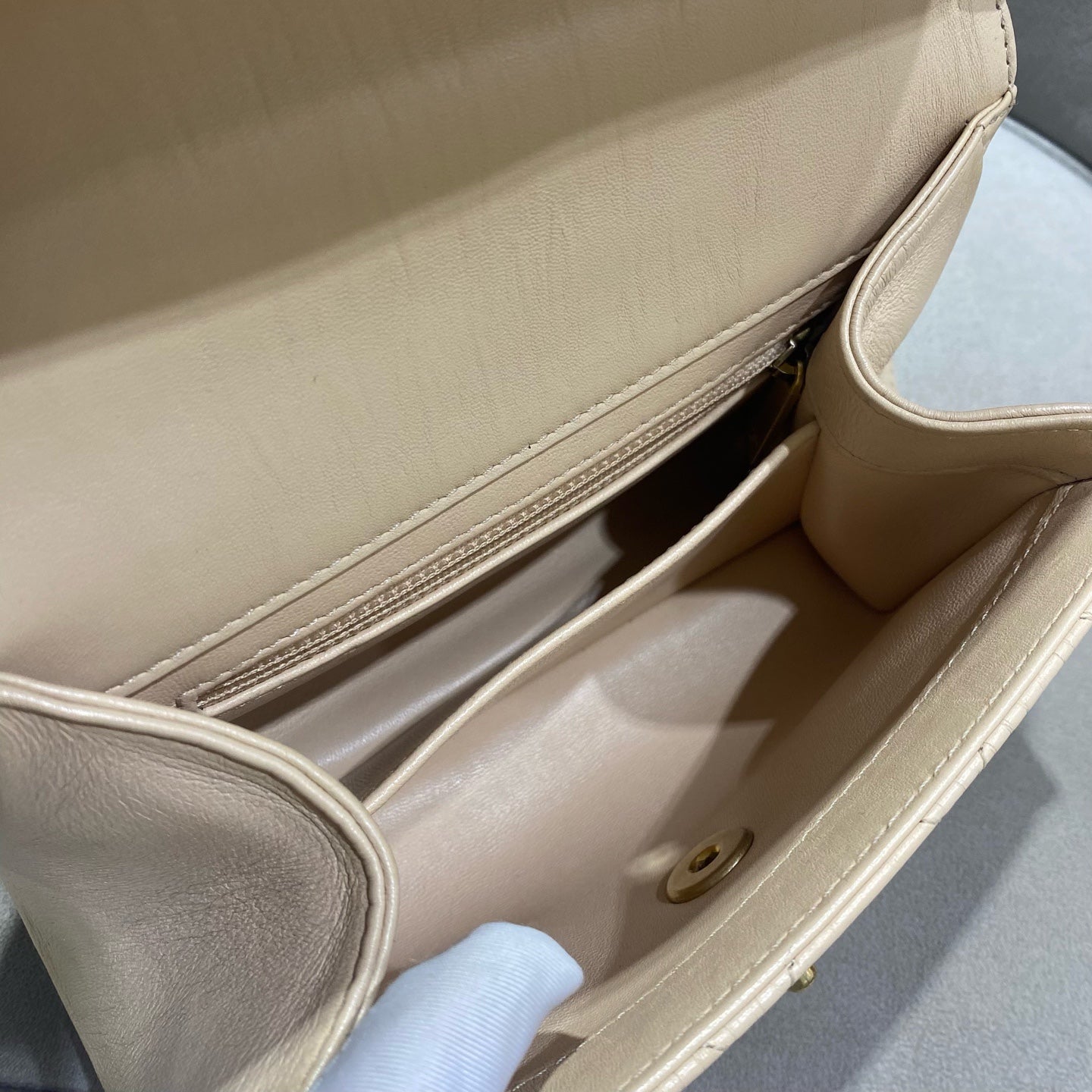 Chanel Classic Top Handle Handbag Beige Quilted Leather Gold Hardware