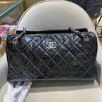 Chanel Quilted Tote Bag Black Patent Leather Silver Hardware