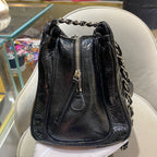 Chanel Quilted Tote Bag Black Patent Leather Silver Hardware