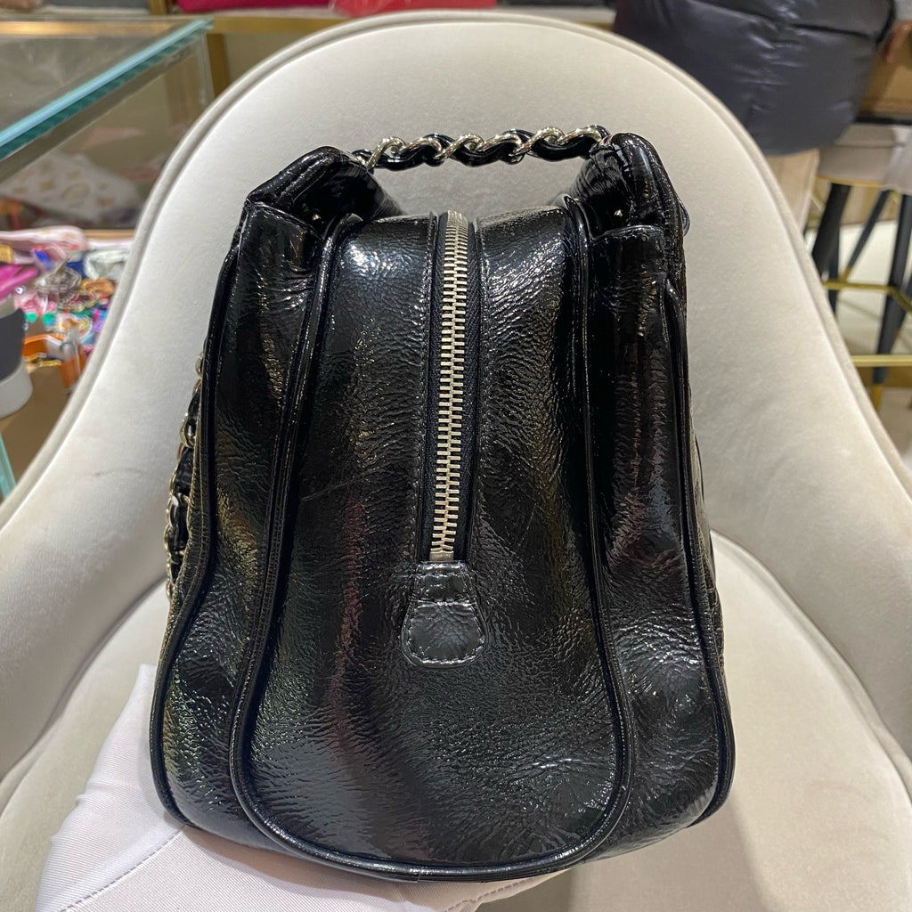 Chanel Quilted Tote Bag Black Patent Leather Silver Hardware