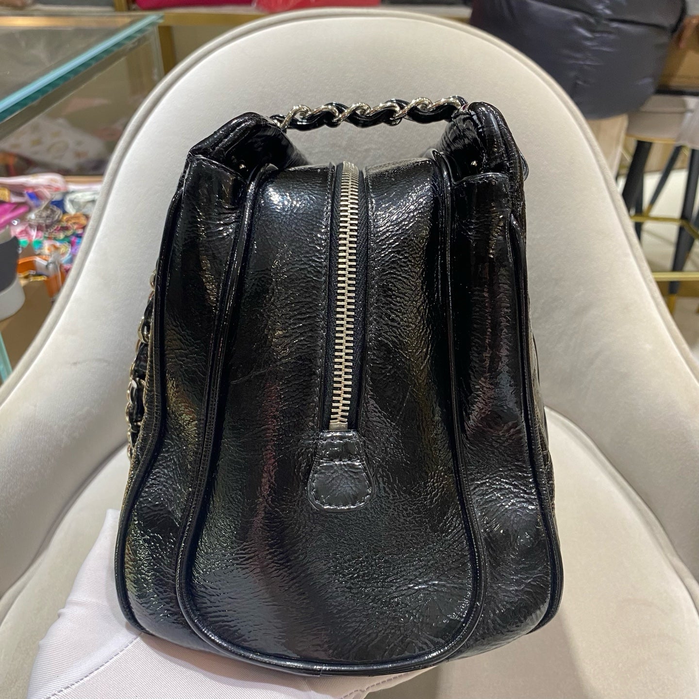 Chanel Quilted Tote Bag Black Patent Leather Silver Hardware