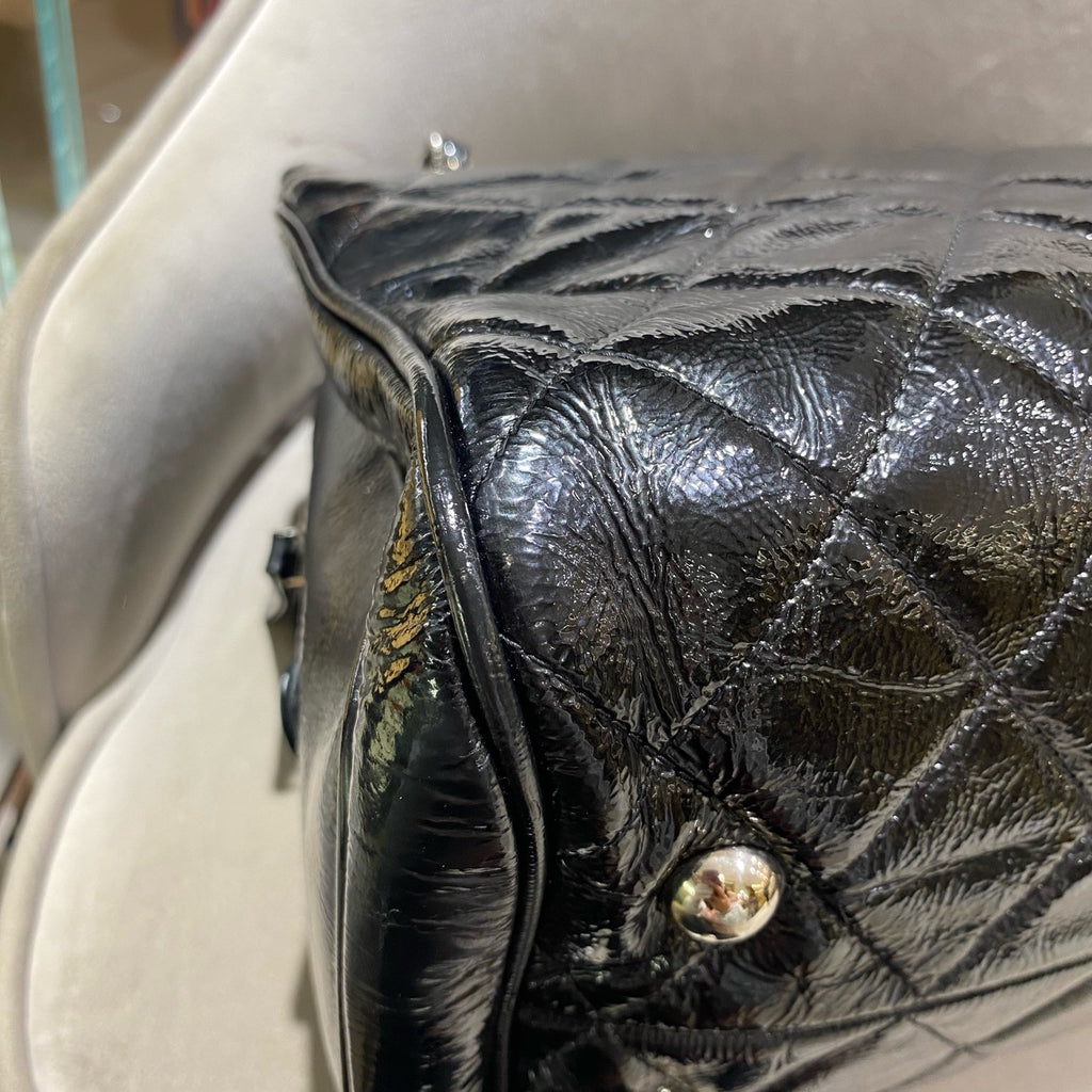 Chanel Quilted Tote Bag Black Patent Leather Silver Hardware