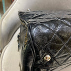 Chanel Quilted Tote Bag Black Patent Leather Silver Hardware