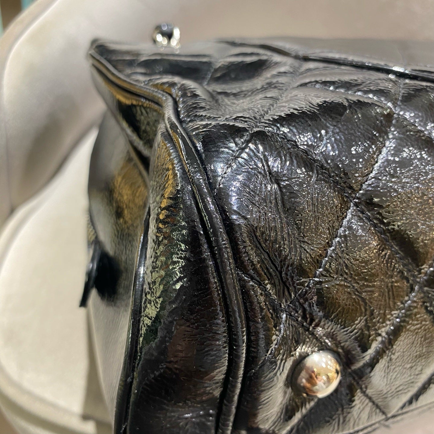 Chanel Quilted Tote Bag Black Patent Leather Silver Hardware