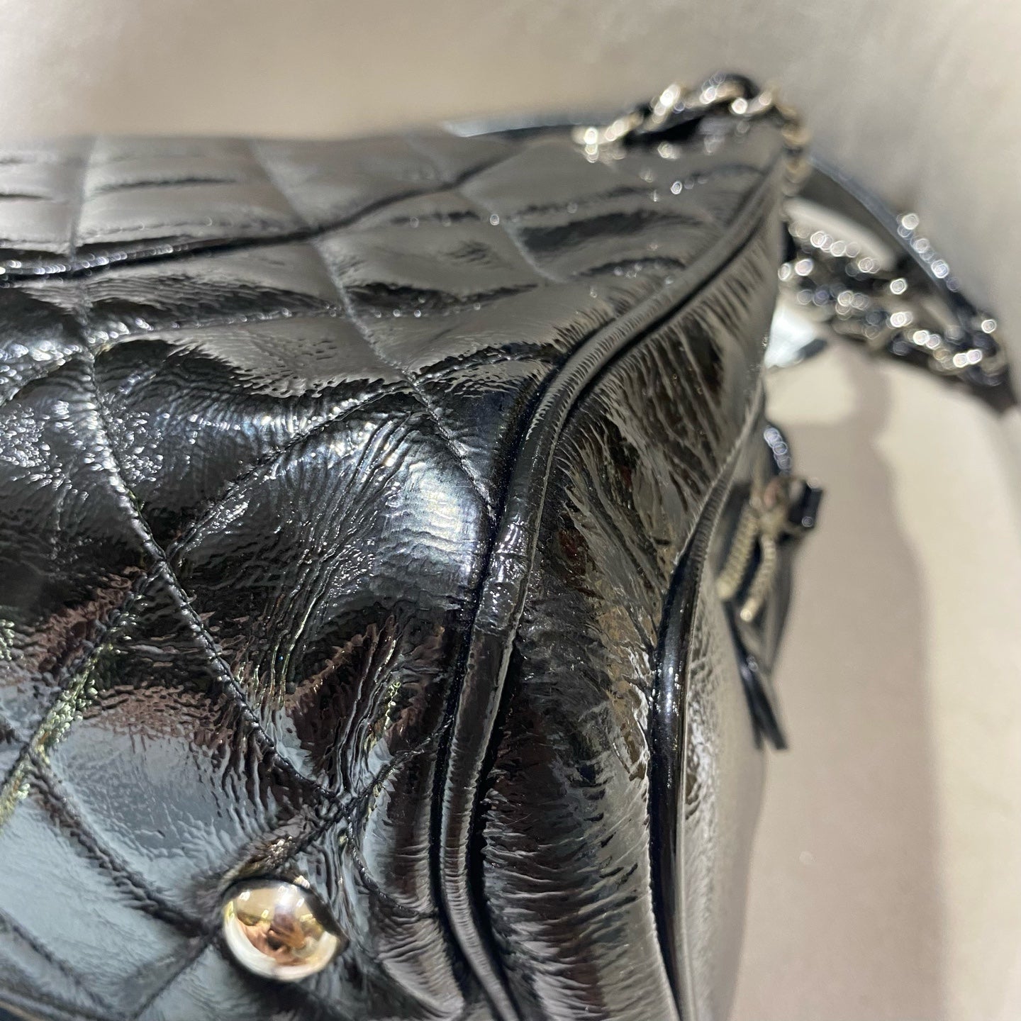 Chanel Quilted Tote Bag Black Patent Leather Silver Hardware
