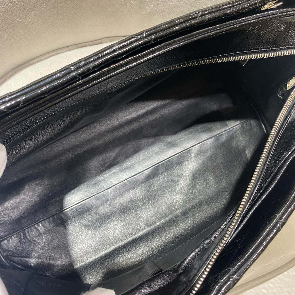 Chanel Quilted Tote Bag Black Patent Leather Silver Hardware