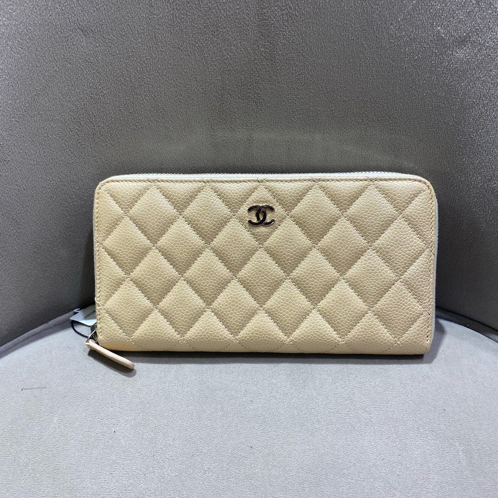 Chanel Classic Zip-Around Wallet Beige Caviar Leather Silver Hardware