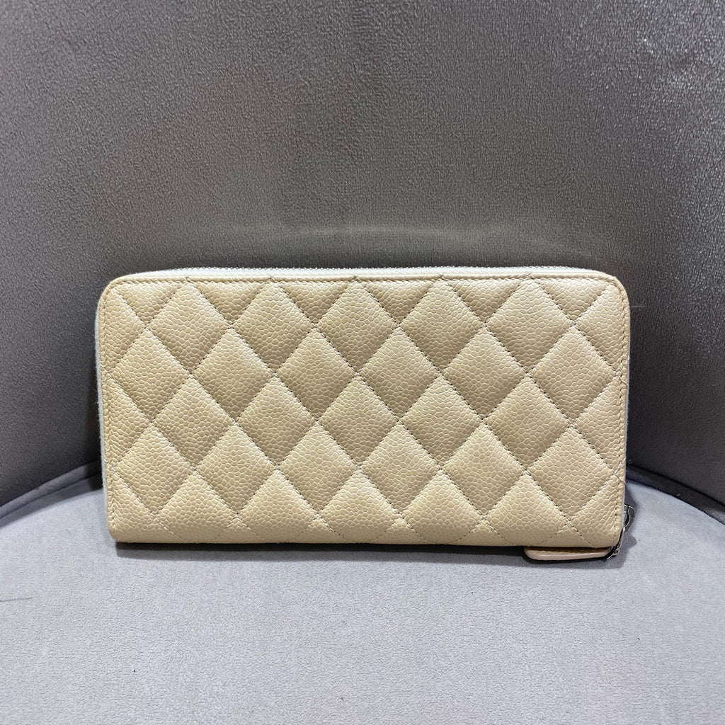 Chanel Classic Zip-Around Wallet Beige Caviar Leather Silver Hardware
