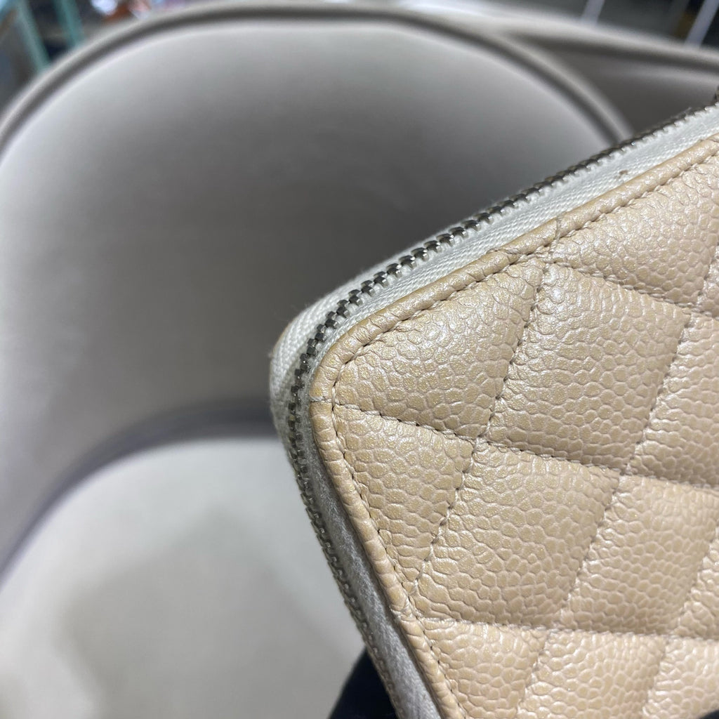 Chanel Classic Zip-Around Wallet Beige Caviar Leather Silver Hardware