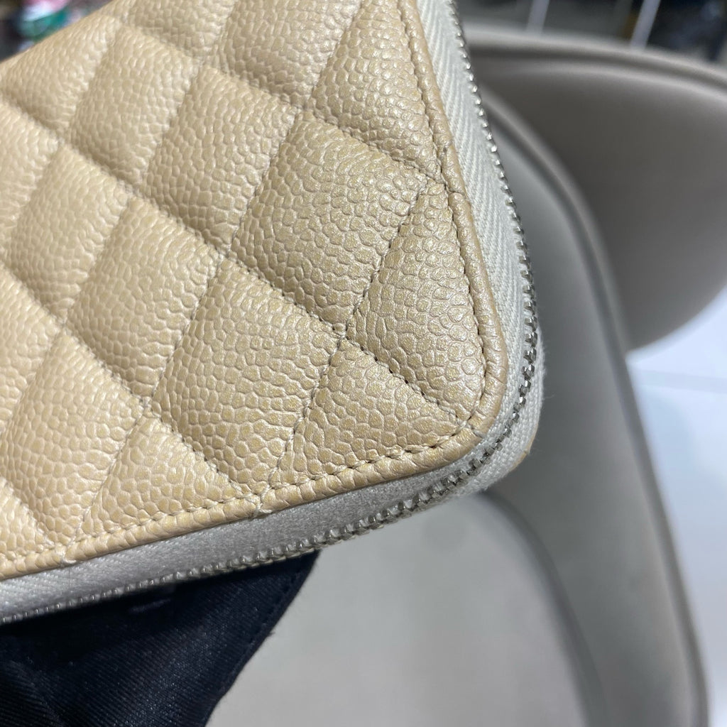 Chanel Classic Zip-Around Wallet Beige Caviar Leather Silver Hardware