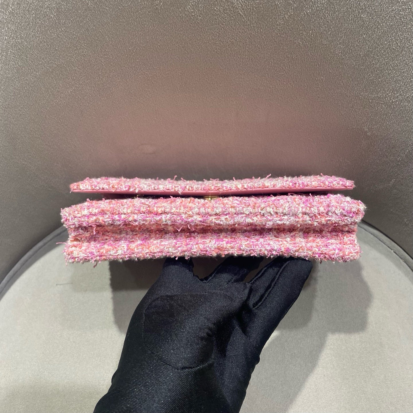 Chanel Tweed Flap Bag Pink Bouclé Fabric Gold Hardware