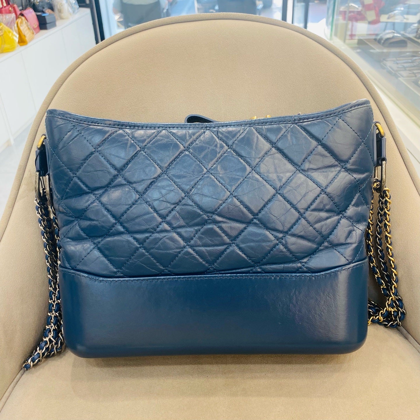 Chanel Gabrielle Hobo Handbag Navy Blue Quilted & Smooth Leather Gold & Silver Hardware