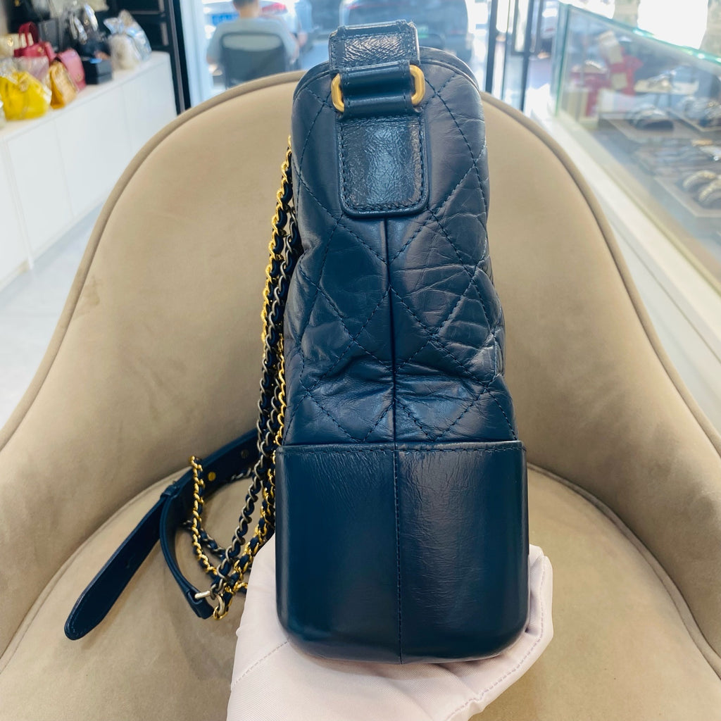 Chanel Gabrielle Hobo Handbag Navy Blue Quilted & Smooth Leather Gold & Silver Hardware